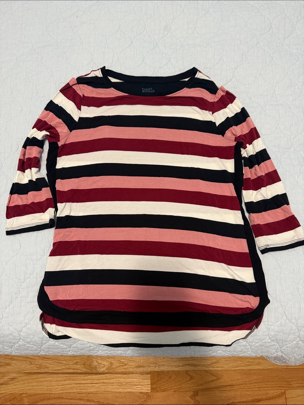 Market and Spruce-Striped 3/4 Sleeve Women's Top - Red, Pink, Black, Cream